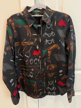 Vintage Women's Lauren Ralph Lauren Horse Equestrian Black Button Up Size M